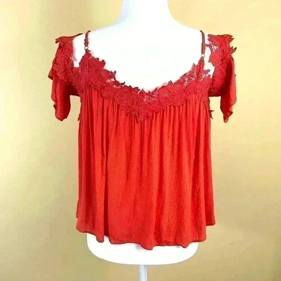 Miss Me Cold Shoulder Lace Trim Cropped Fit & Flare Blouse Top Size S - Picture 2 of 12